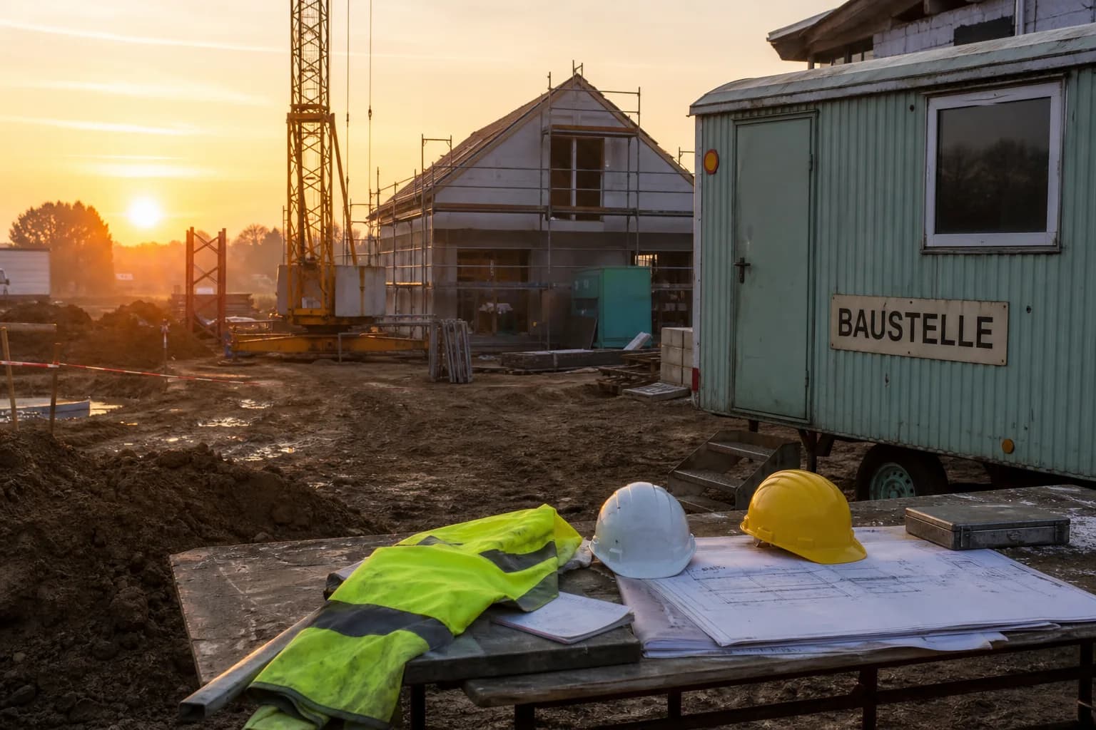 Baustelle im Morgenlicht, Bauwagen am Rand.